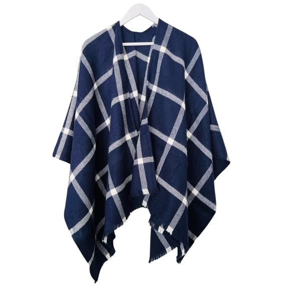 TOMMY HILFIGER Plaid Blanket Shawl Wrap Cape Blue White One Size - Picture 10 of 12